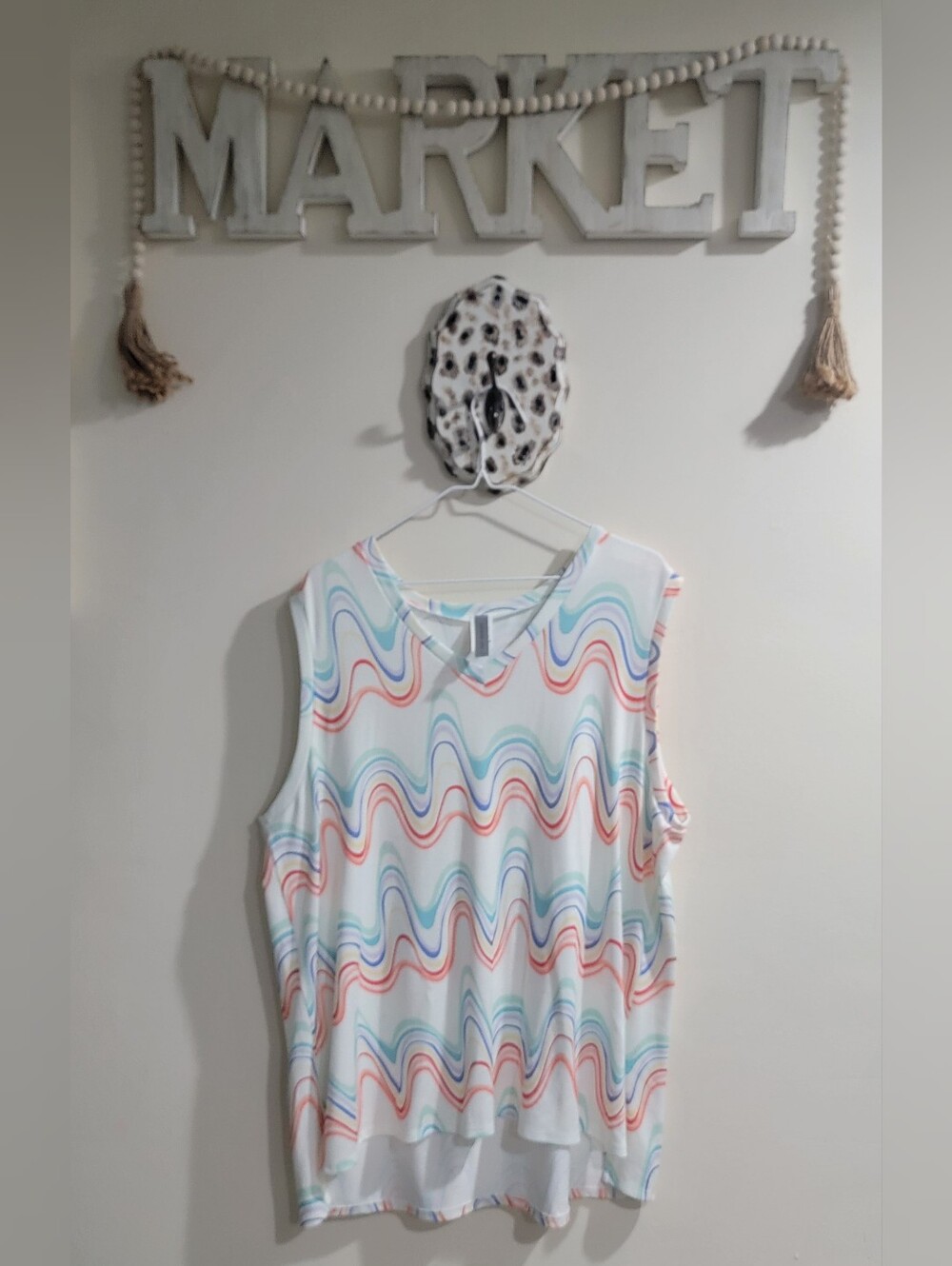 NWOT Honeyme White Tank Top with Blue & Coral Wave Print